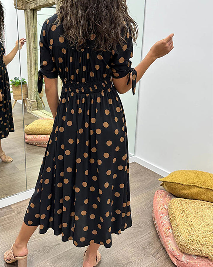 Clara - Polka Dot Tie Sleeve Midi Dress