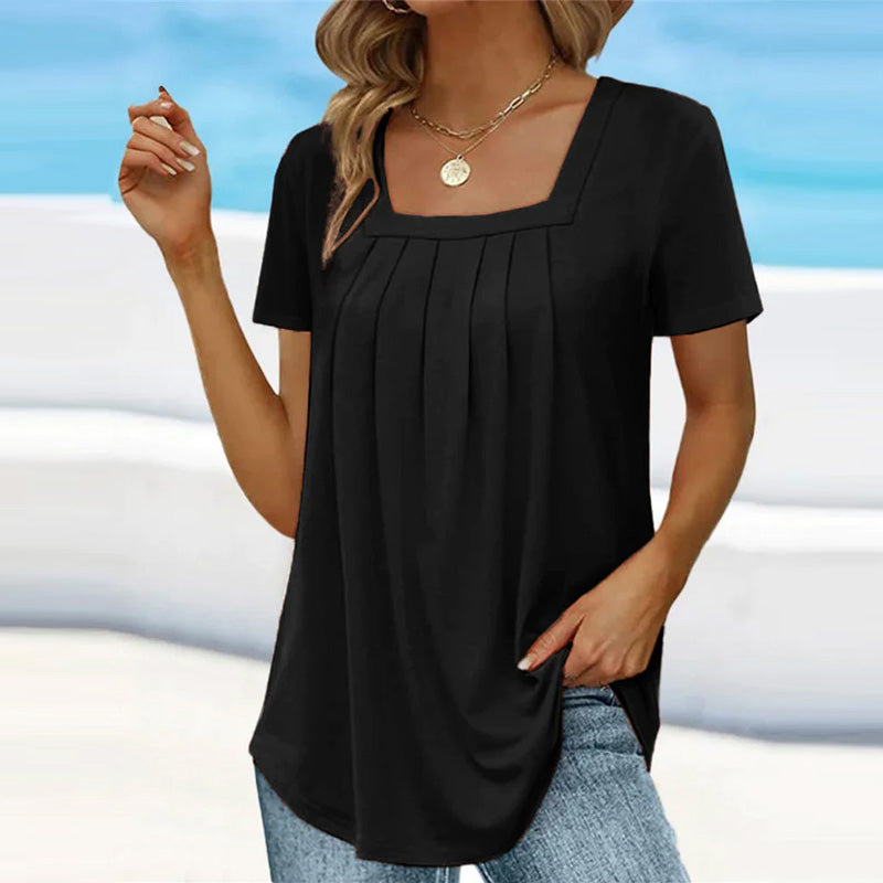 Elena-Pleated Square Neck Tee