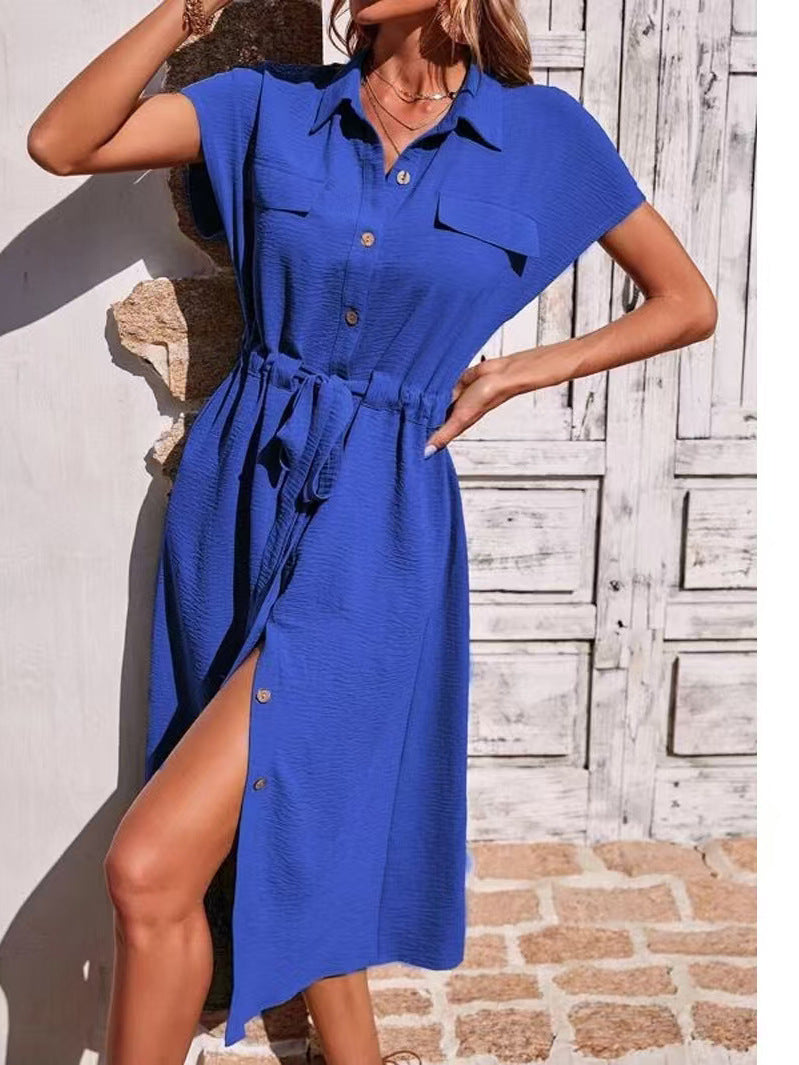 Celine - Button-Front Tie Waist Shirt Dress