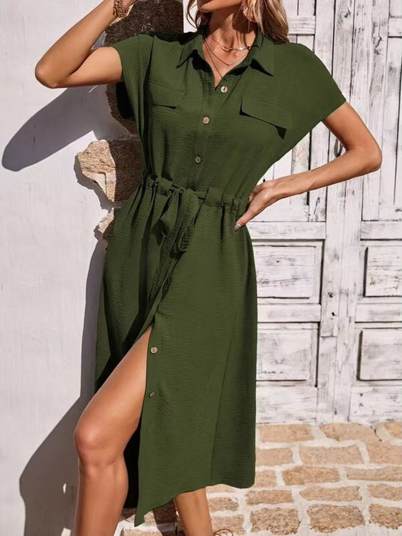 Celine - Button-Front Tie Waist Shirt Dress