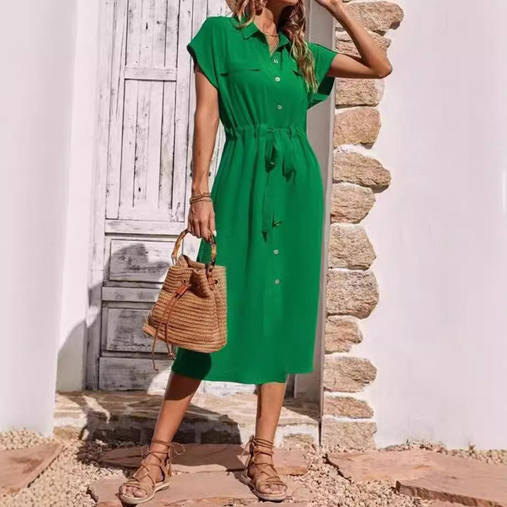 Celine - Button-Front Tie Waist Shirt Dress