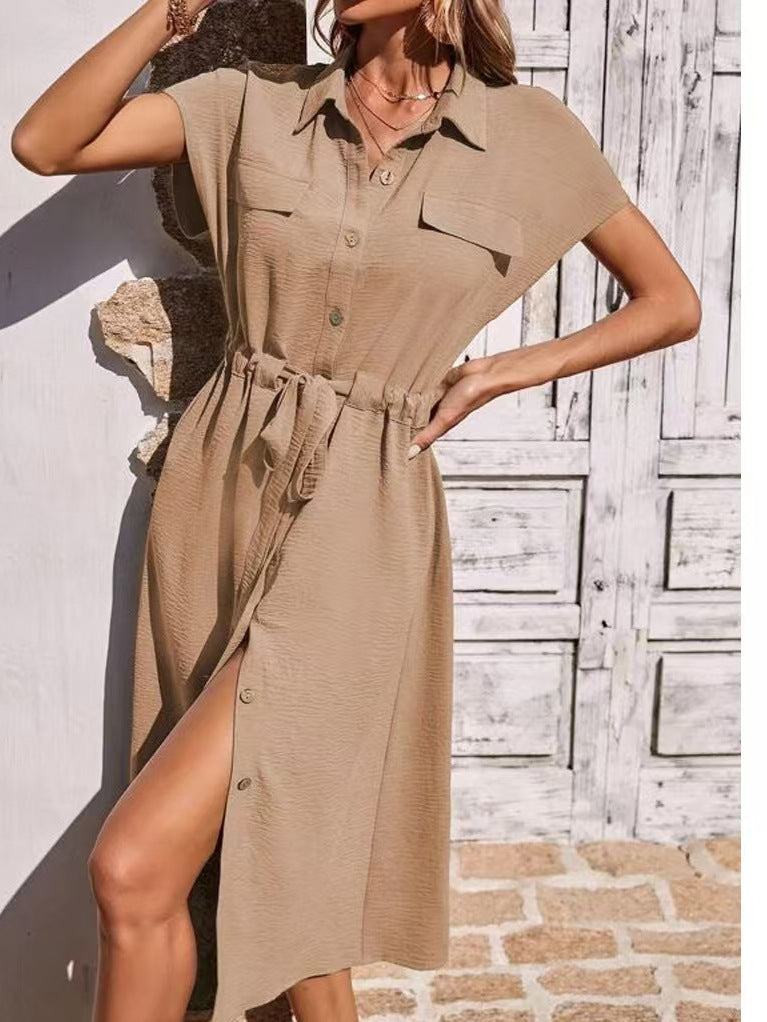 Celine - Button-Front Tie Waist Shirt Dress