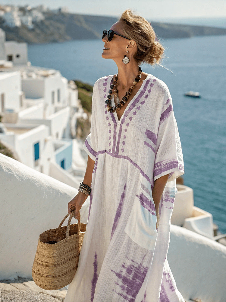 Darya-Coastal Striped Kaftan Dress