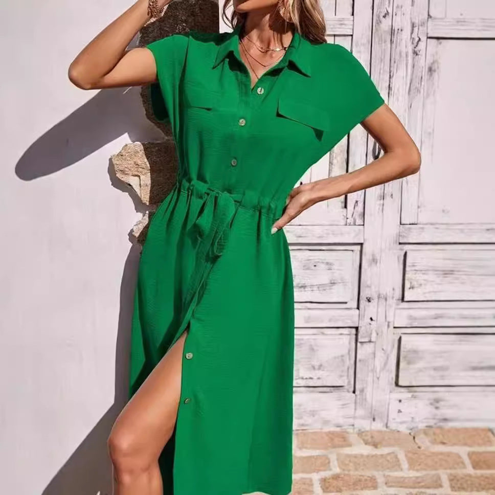 Celine - Button-Front Tie Waist Shirt Dress