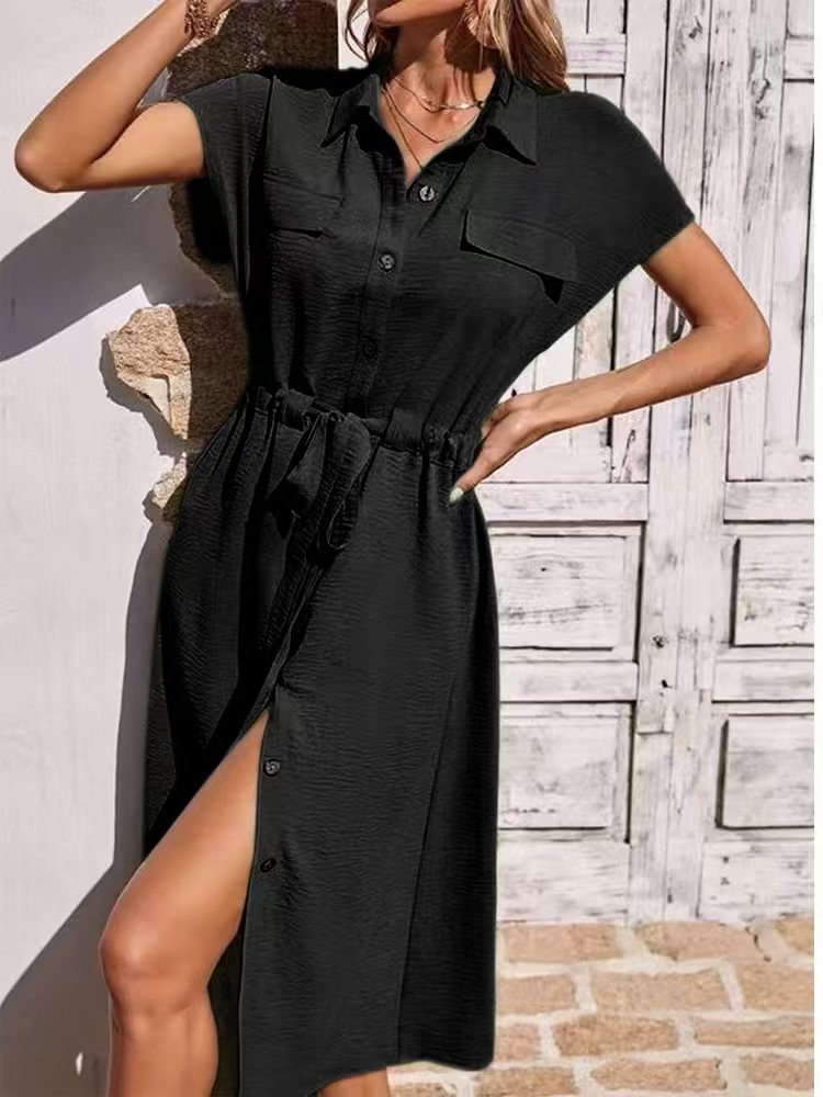 Celine - Button-Front Tie Waist Shirt Dress