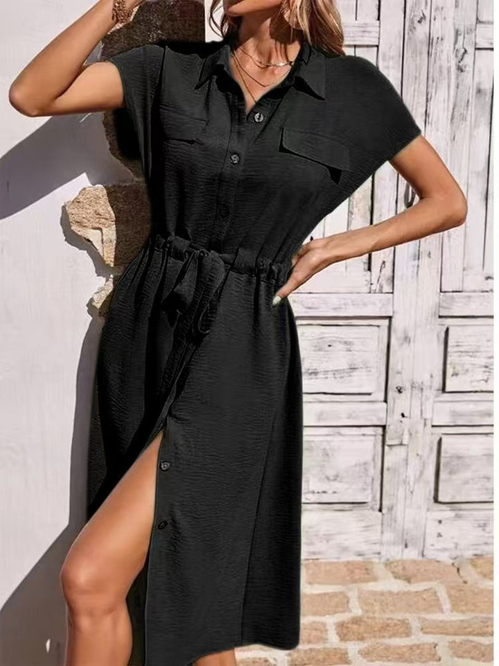 Celine - Button-Front Tie Waist Shirt Dress