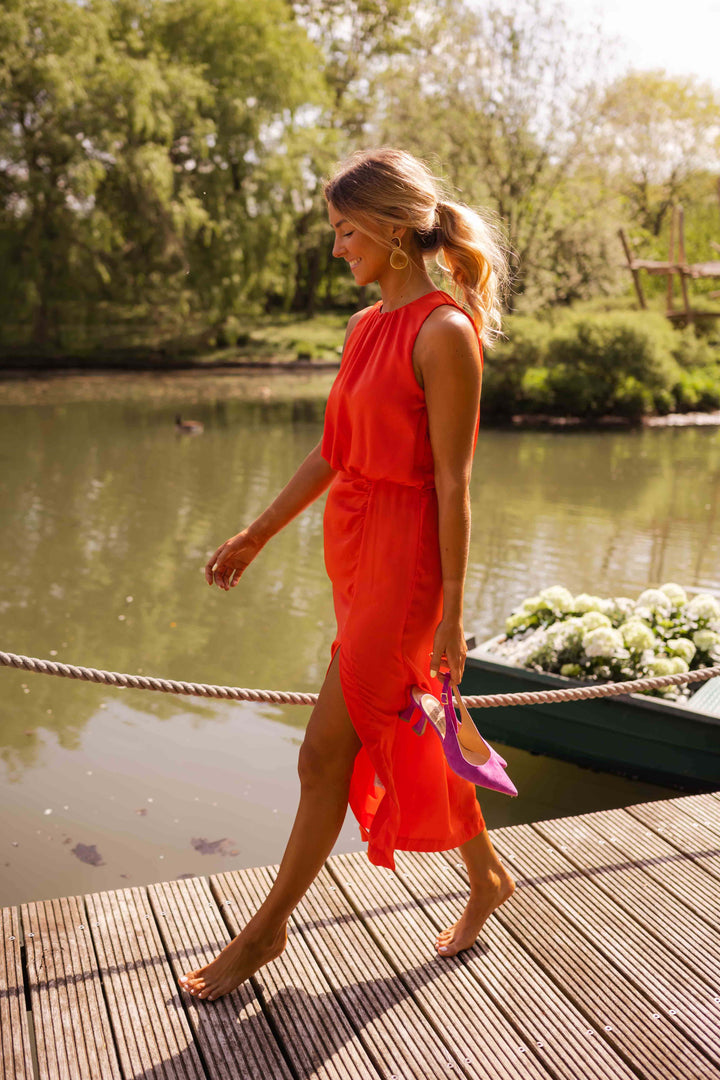 Camille - Gathered High Neck Midi Dress
