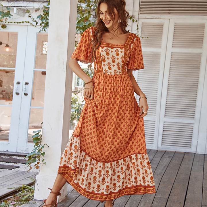 Mirasol - Vintage Print Square Neck Midi Dress