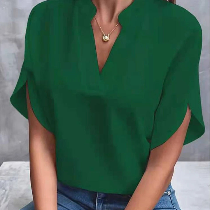 Fenry - Notch Neck Flutter Sleeve Blouse