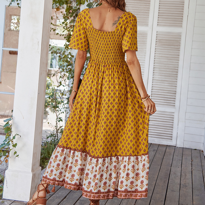 Mirasol - Vintage Print Square Neck Midi Dress