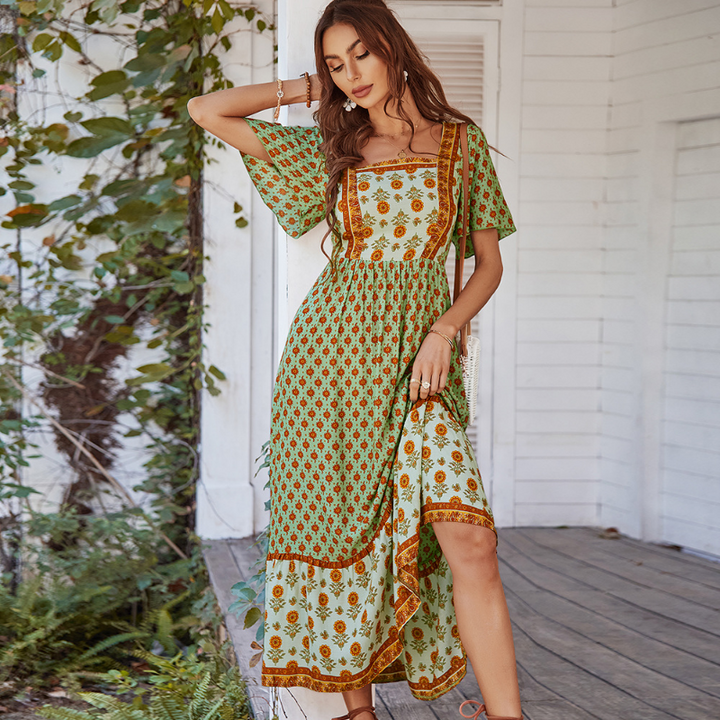 Mirasol - Vintage Print Square Neck Midi Dress