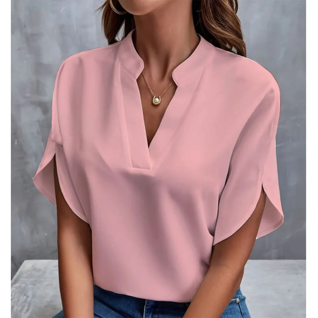 Fenry - Notch Neck Flutter Sleeve Blouse
