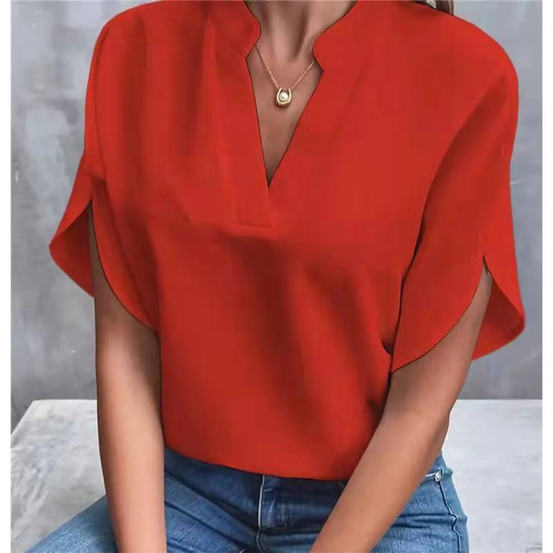 Fenry - Notch Neck Flutter Sleeve Blouse