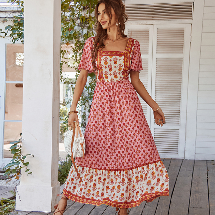 Mirasol - Vintage Print Square Neck Midi Dress