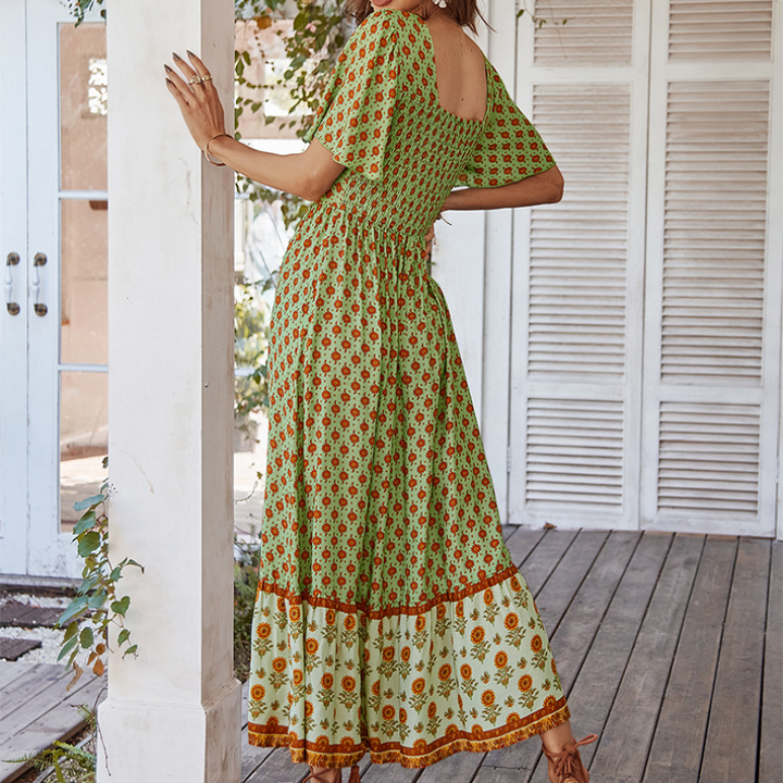 Mirasol - Vintage Print Square Neck Midi Dress