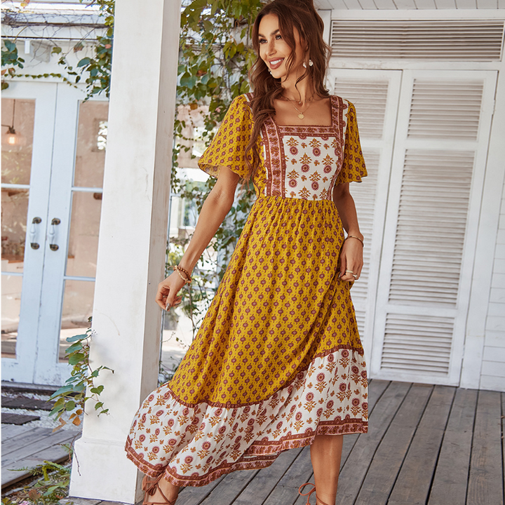 Mirasol - Vintage Print Square Neck Midi Dress