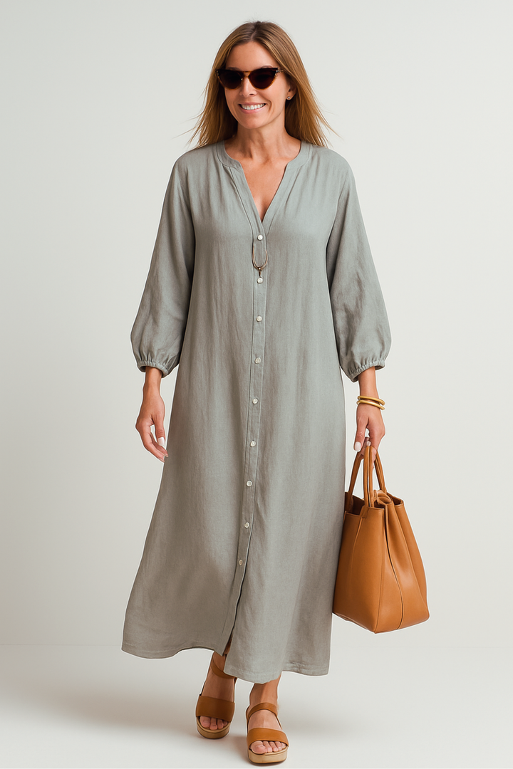 Isla-Button-Front Linen Midi Dress
