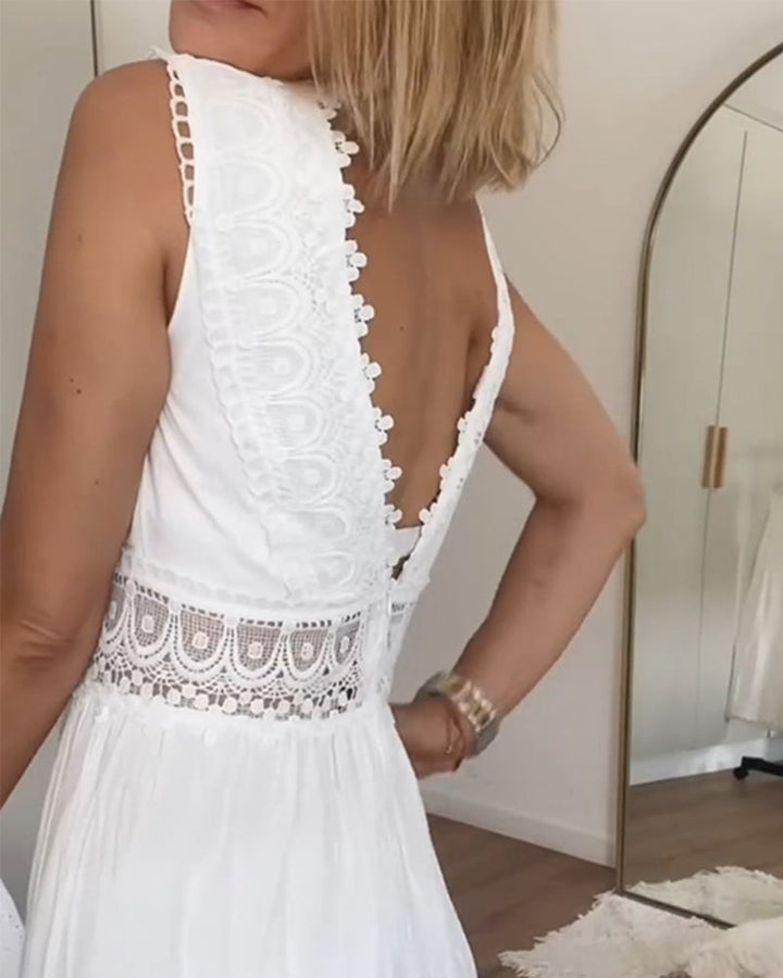 Celeste-White Boho Lace Maxi Dress