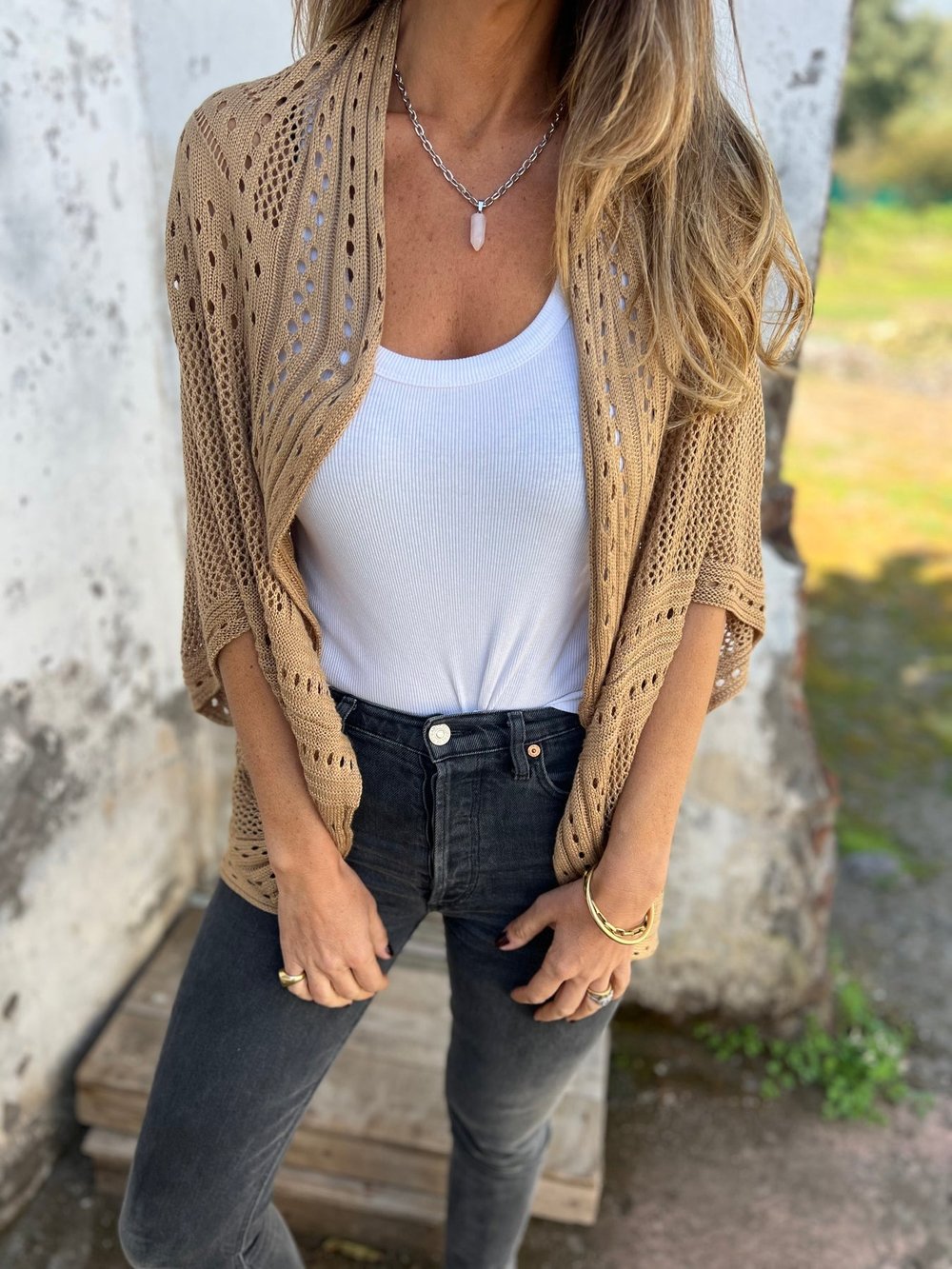 Lina-Open-Knit Cropped Cardigan
