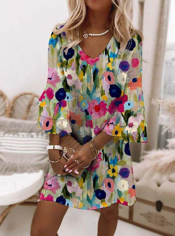 BloomAura - V-Neck Floral Dress