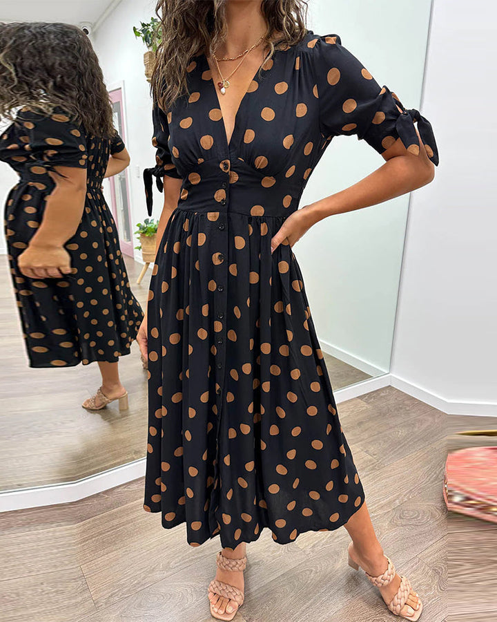 Clara - Polka Dot Tie Sleeve Midi Dress