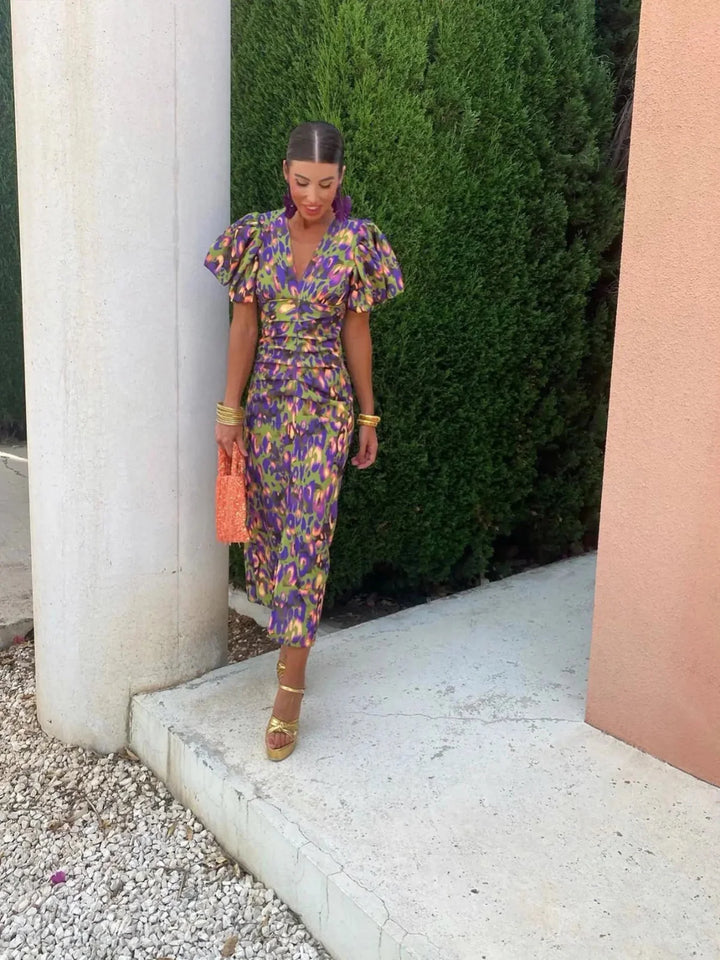 Lily – Colourful Puff Sleeve Midi Dress