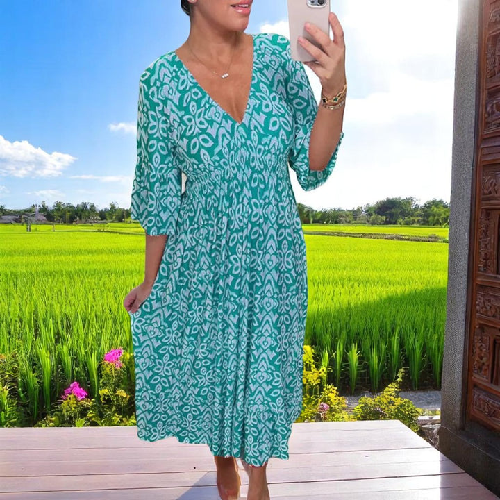 Delina-Smocked Waist Midi Dress