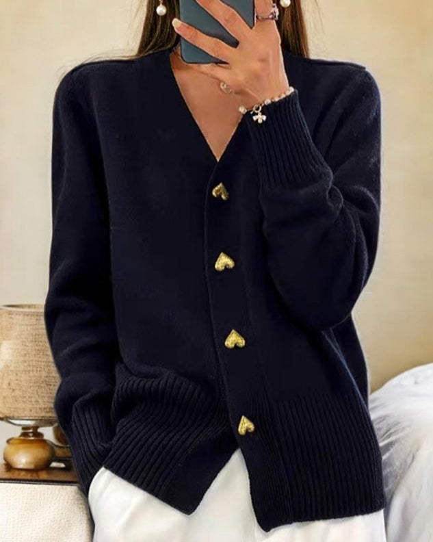 Lila-Soft Knit Heart-Button Cardigan