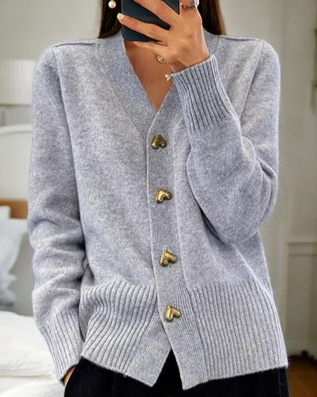 Lila-Soft Knit Heart-Button Cardigan