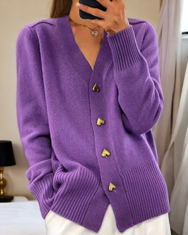Lila-Soft Knit Heart-Button Cardigan