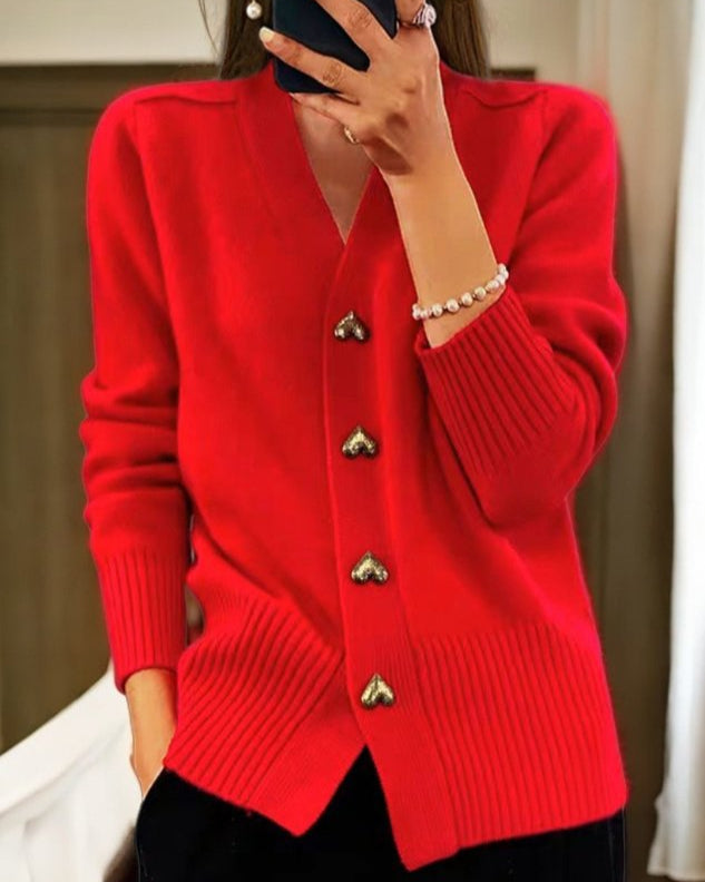 Lila-Soft Knit Heart-Button Cardigan